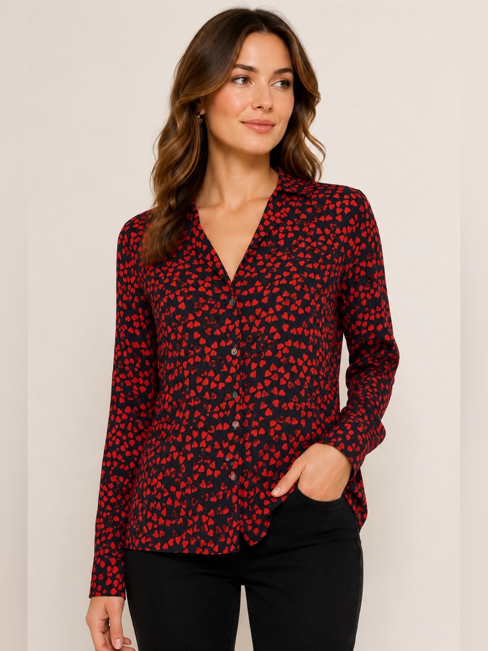 Equipment Femme 100% Silk Heart Print Button Front Blouse US XS